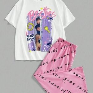 FRIENDS X SHEIN Plus Size Summer Casual Letter Print Short Sleeve Top And Pants